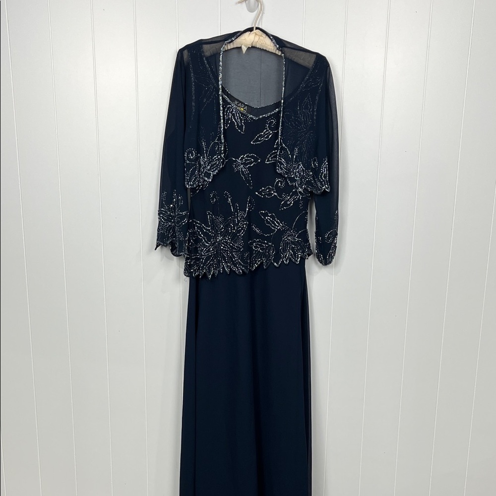 JKara Womens Formal Maxi Dress 12 Navy Embellishments 3/4 Sleeves Jacket Elegant